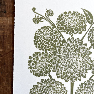 Hand Block Printed Art Print, Dahlias & Zinnias - No. 651