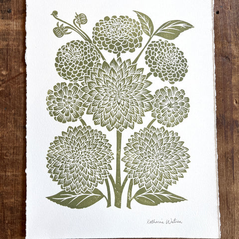 Hand Block Printed Art Print, Dahlias & Zinnias - No. 652