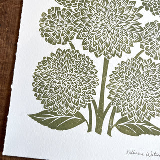 Hand Block Printed Art Print, Dahlias & Zinnias - No. 652