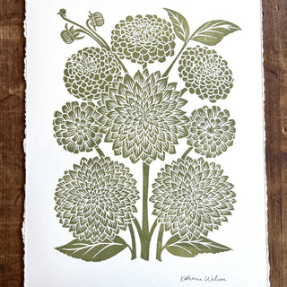Hand Block Printed Art Print, Dahlias & Zinnias - No. 653