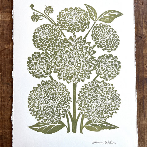 Hand Block Printed Art Print, Dahlias & Zinnias - No. 653