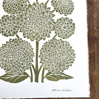 Hand Block Printed Art Print, Dahlias & Zinnias - No. 653