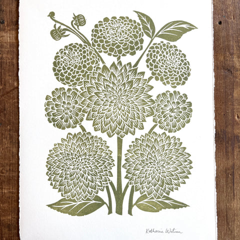Hand Block Printed Art Print, Dahlias & Zinnias - No. 654
