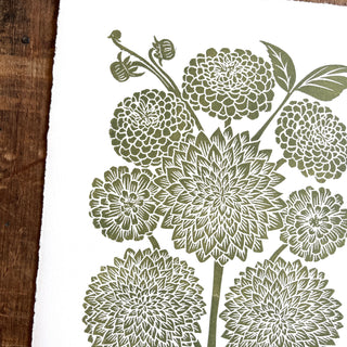 Hand Block Printed Art Print, Dahlias & Zinnias - No. 654
