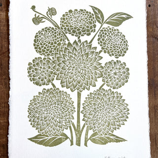 Hand Block Printed Art Print, Dahlias & Zinnias - No. 655