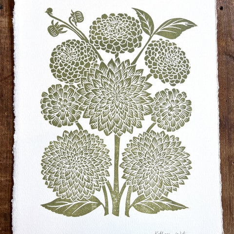 Hand Block Printed Art Print, Dahlias & Zinnias - No. 655