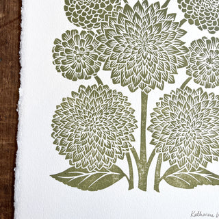 Hand Block Printed Art Print, Dahlias & Zinnias - No. 655