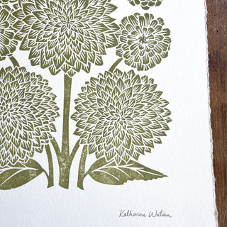 Hand Block Printed Art Print, Dahlias & Zinnias - No. 655