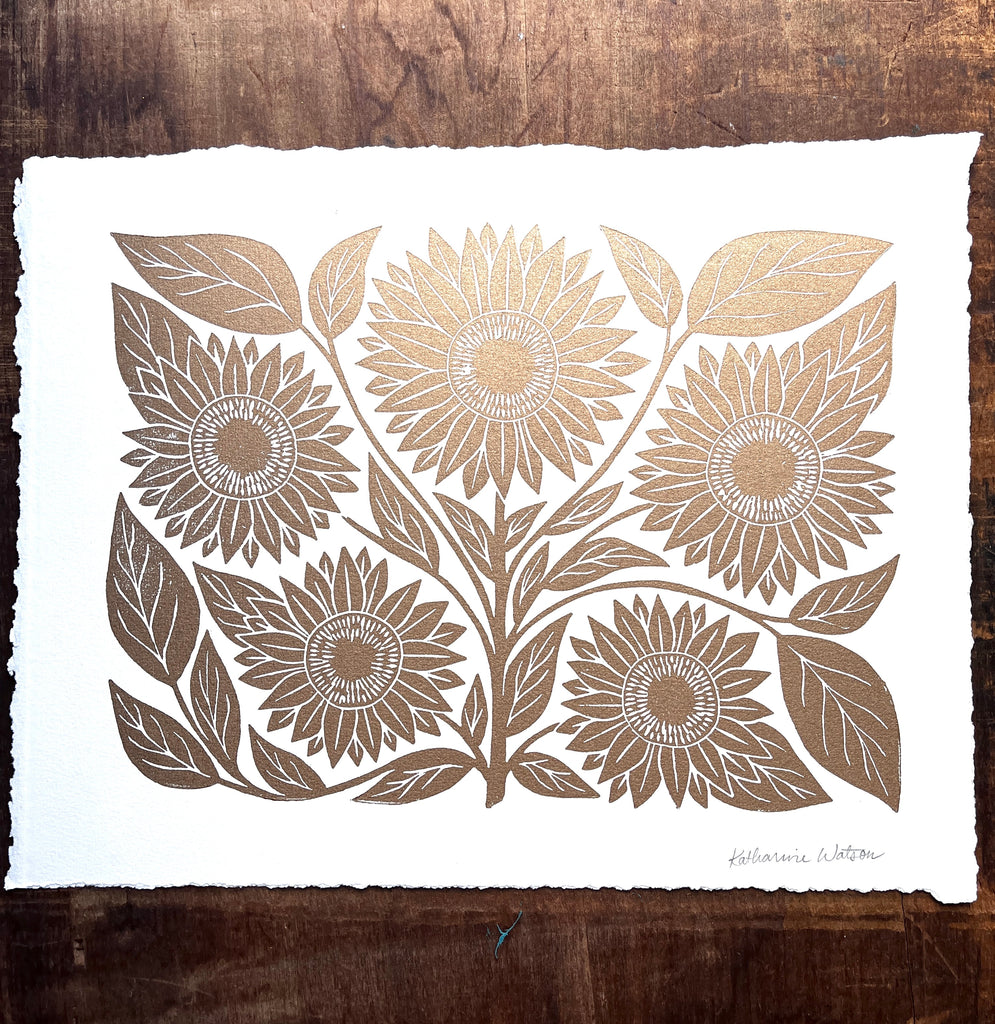 Hand Block Printed Gold Sunflower Art Print - No. 2889