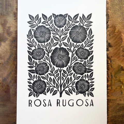 Hand Block Printed Rosa Rugosa Art Print - Black