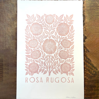 Hand Block Printed Rosa Rugosa Art Print - Pink