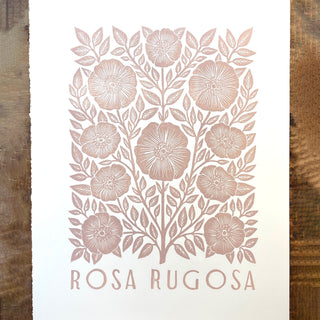 Hand Block Printed Rosa Rugosa Art Print - Pink