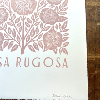 SALE : Hand Block Printed Rosa Rugosa Art Print - Pink